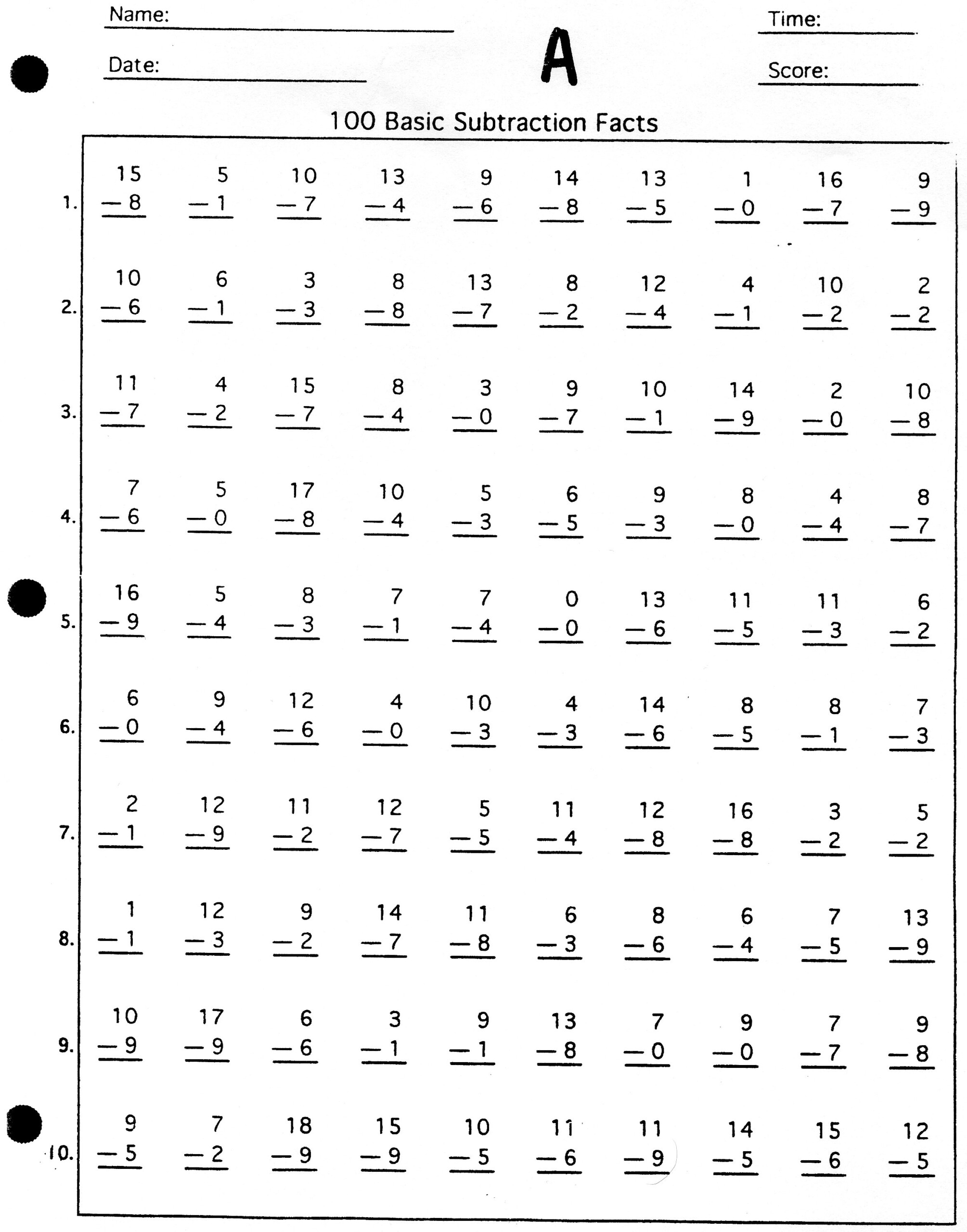 100 Subtraction Math Facts Practice