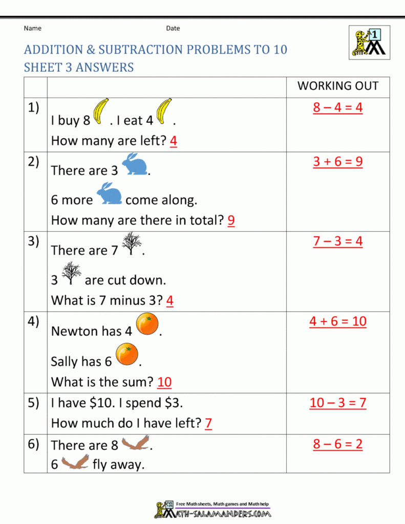 1st Grade Addition And Subtraction Word Problems