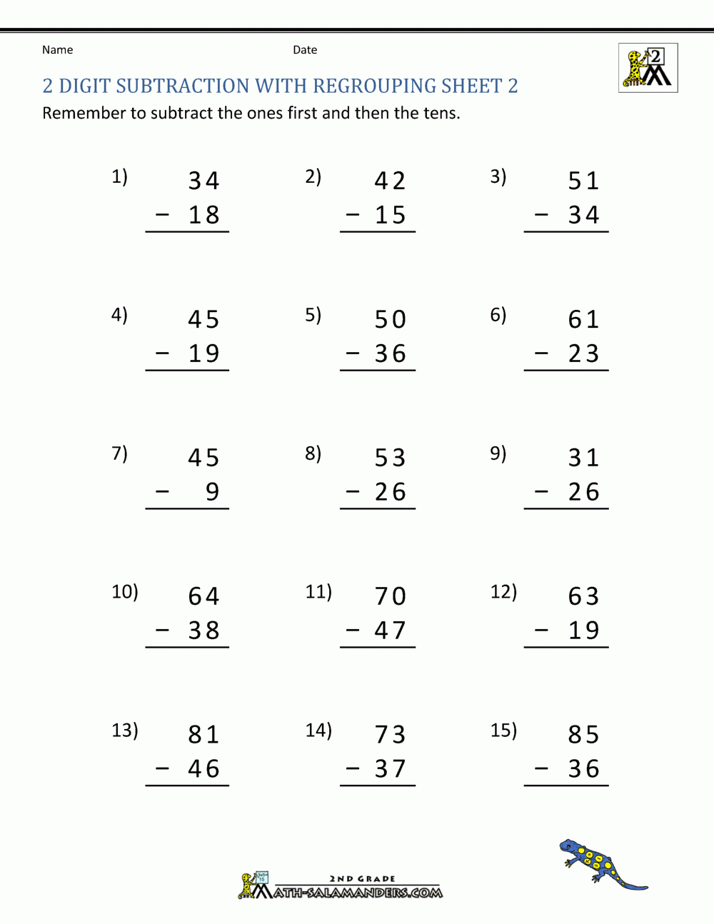 2 Digit Subtraction With Regrouping Worksheets