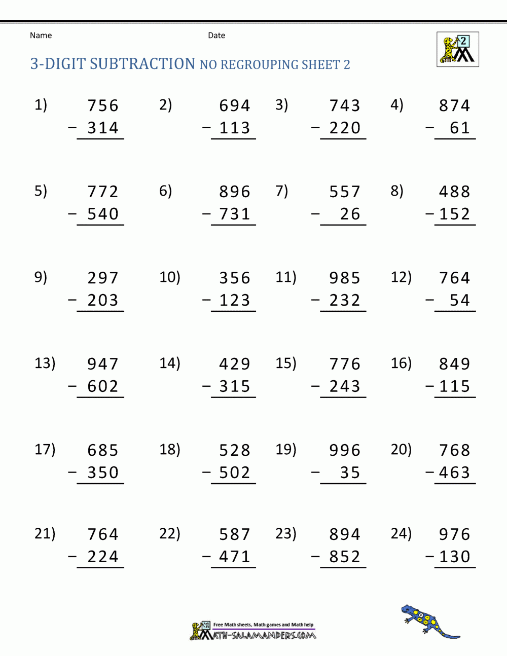 2nd Grade Math Worksheets 2 Digit Subtraction With Regrouping 