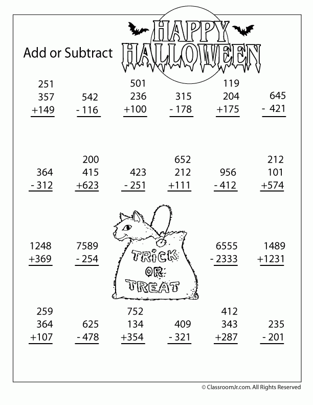 3 And 4 Digit Addition And Subtraction Halloween Worksheet 