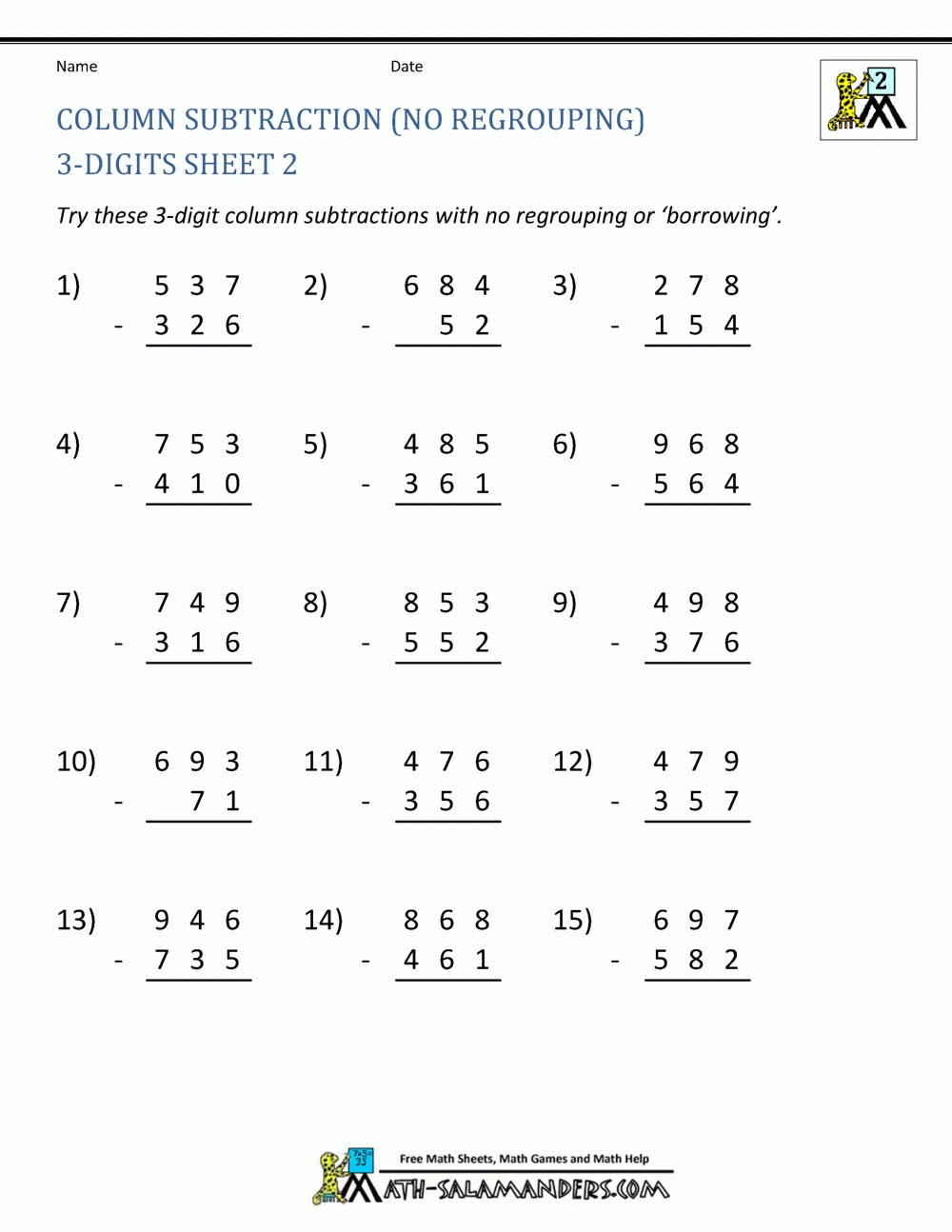 3 Digit Subtraction Worksheets