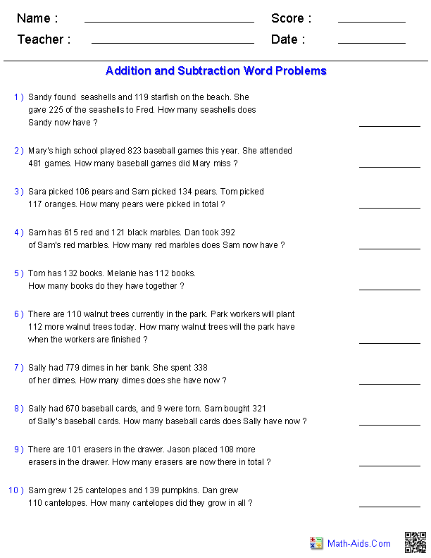 3rd Grade Addition And Subtraction Word Problems Worksheets Worksheet 