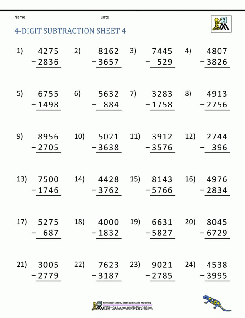 4 Digit Subtraction Worksheets