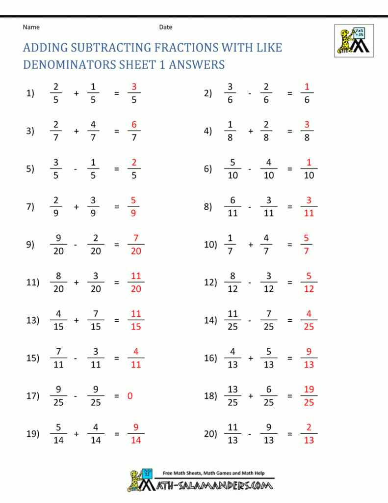 4th Grade Adding And Subtracting Fractions Worksheets Worksheets Free