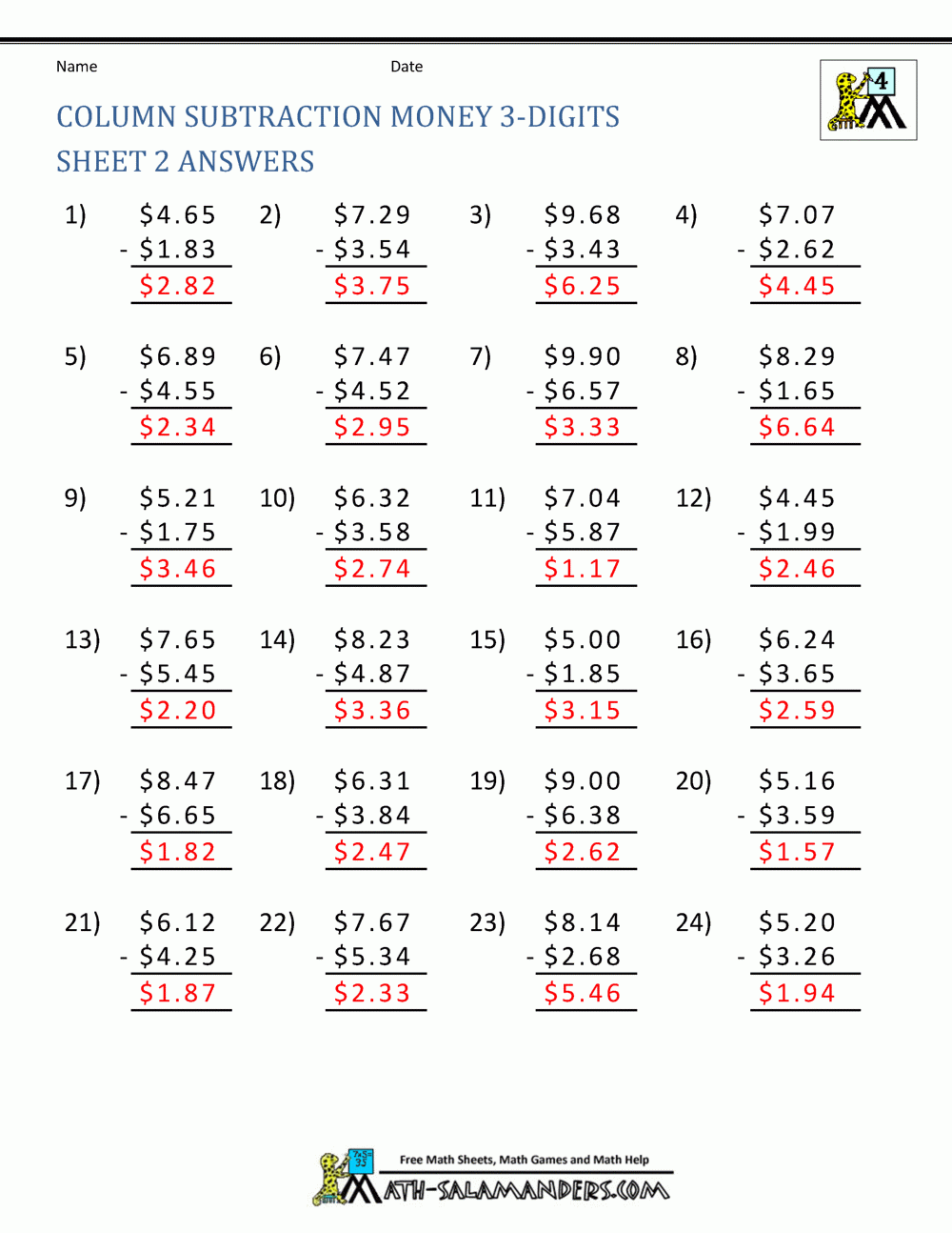 4th Grade Subtraction Worksheets