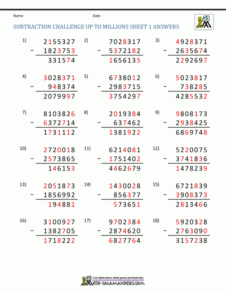 5th Grade Subtraction Worksheets