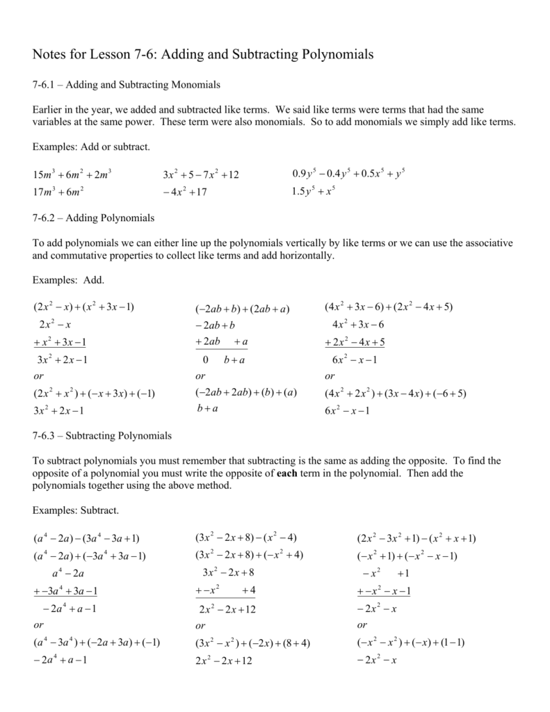 6 1 Adding And Subtracting Polynomials Worksheet Answers William