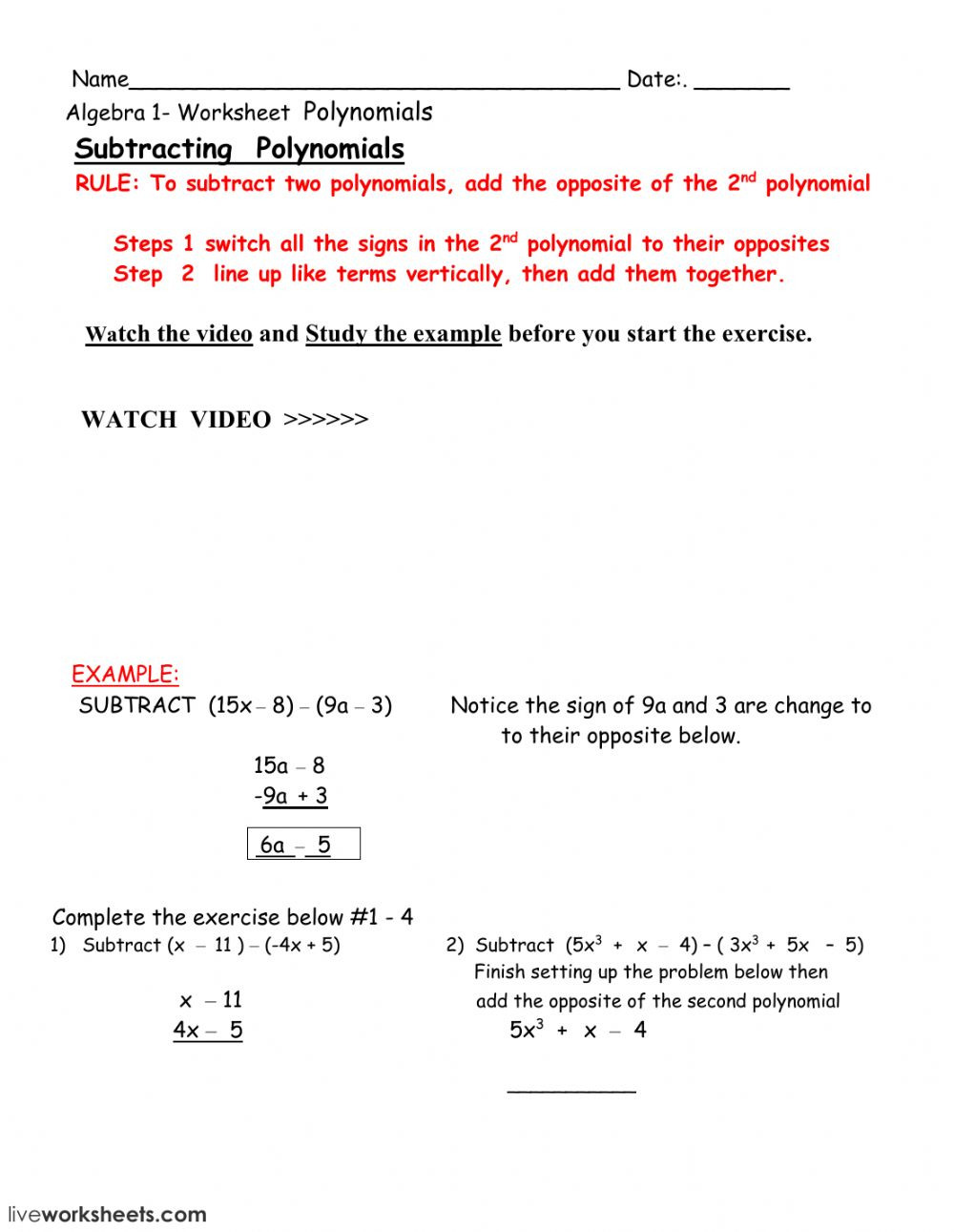 8 1 Adding And Subtracting Polynomials Worksheet Answers Subtraction