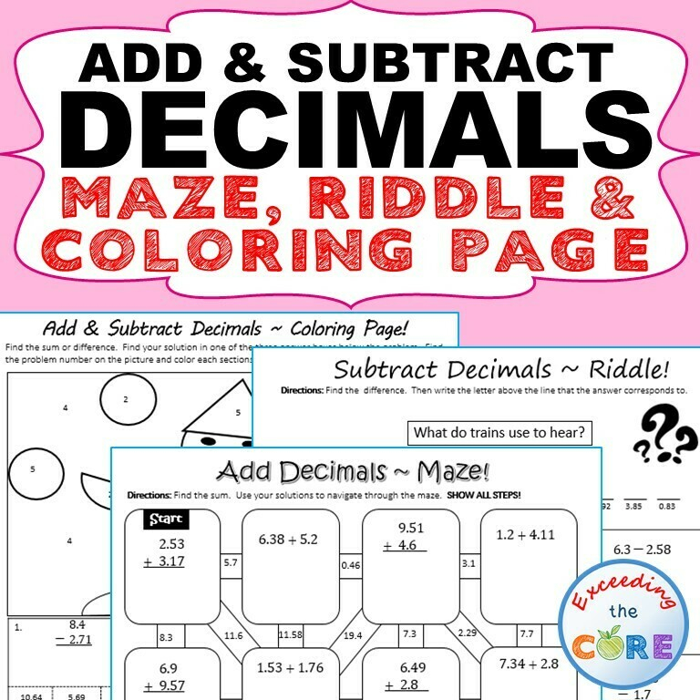 ADD AND SUBTRACT DECIMALS Maze Riddle Color By Number Fun MATH 