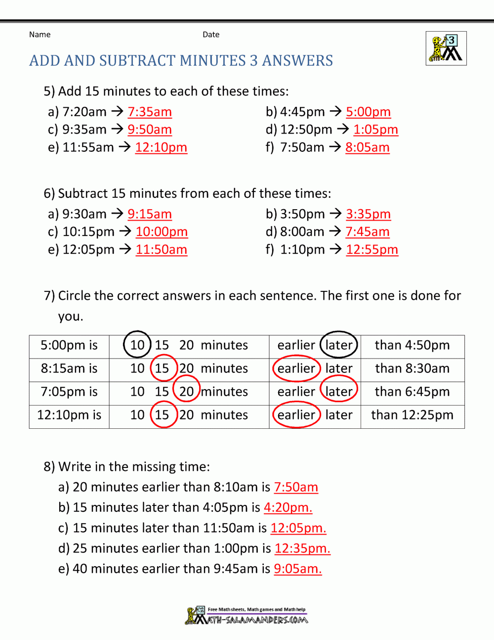 Add And Subtract Time Worksheets