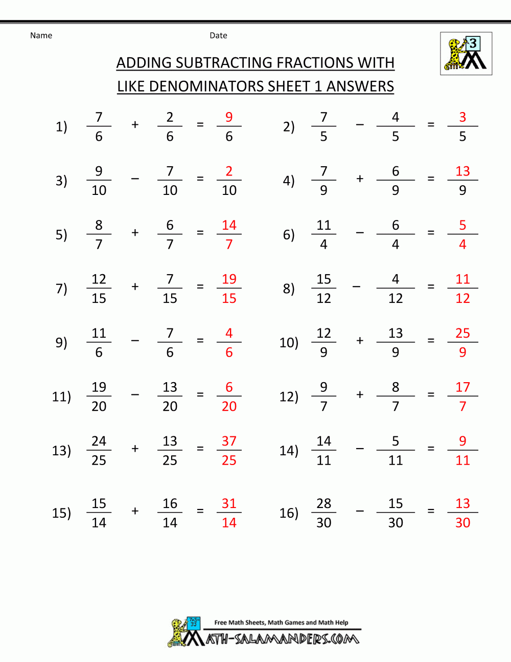 Add Subtracting Fractions And Mixed Numbers Worksheet Answers 