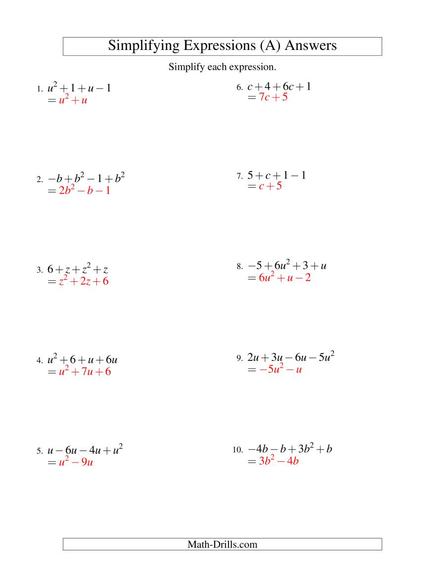 Adding And Subtracting Algebraic Expressions Worksheet 7th Grade 