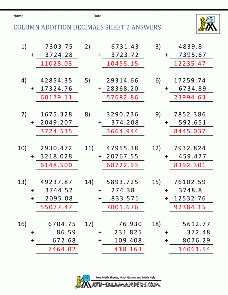 Adding And Subtracting Decimals Worksheets With Answers Worksheets 