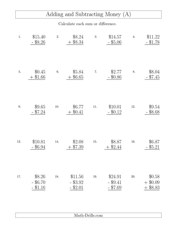 Adding And Subtracting Dollars With Amounts Up To 10 A Money 