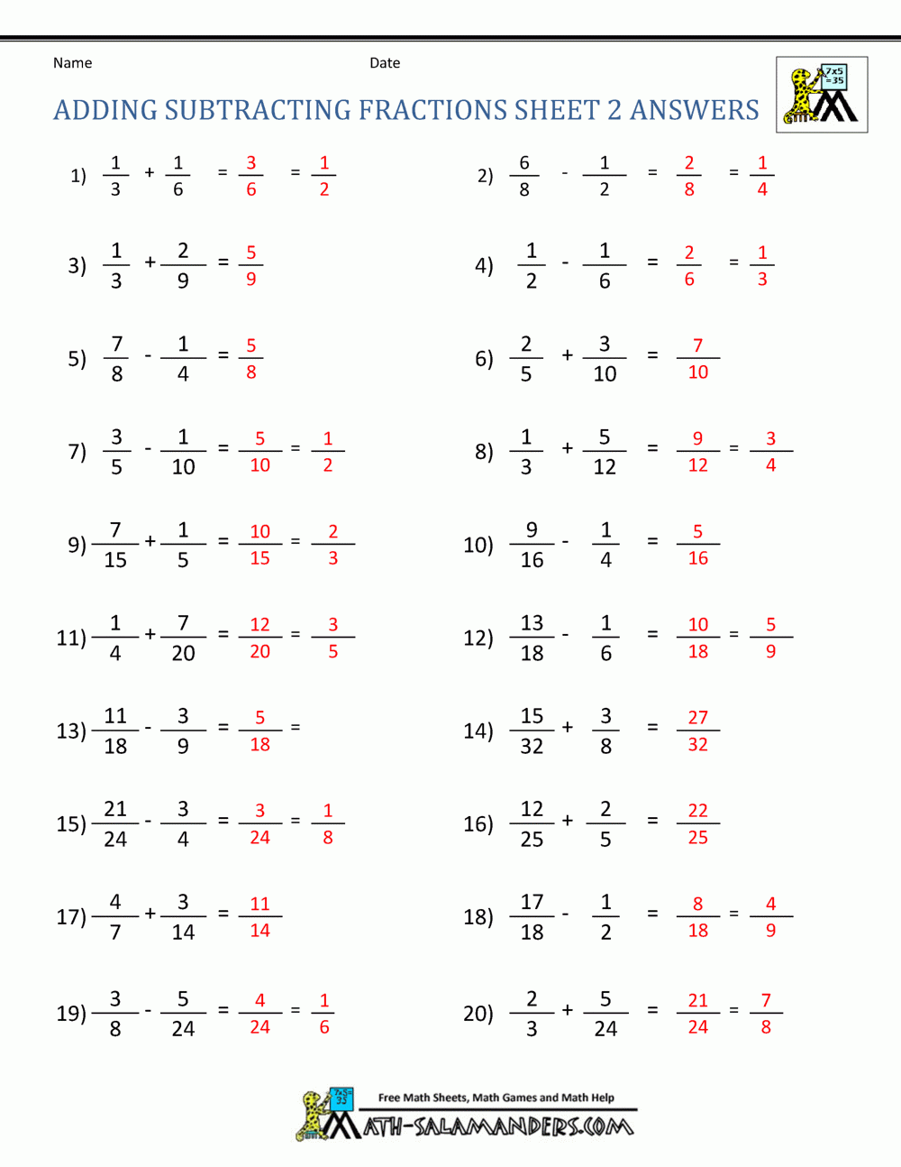 Adding And Subtracting Fractions Multiple Choice Worksheets 