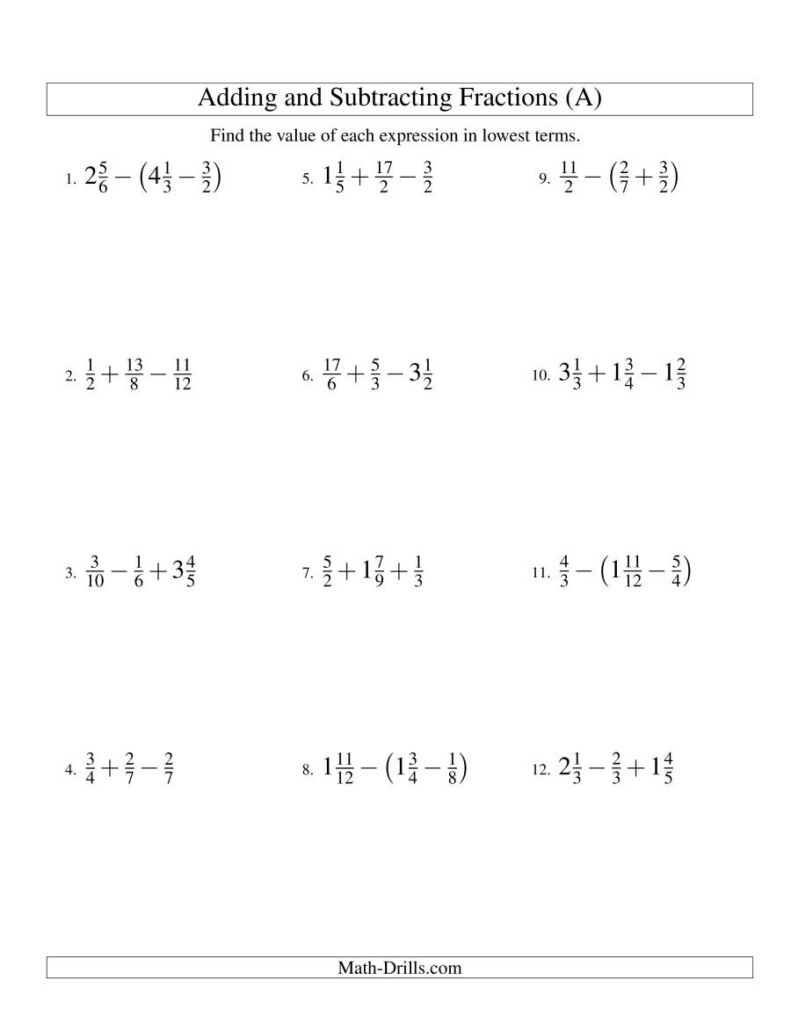 Adding And Subtracting Fractions With Integers Worksheet Fraction