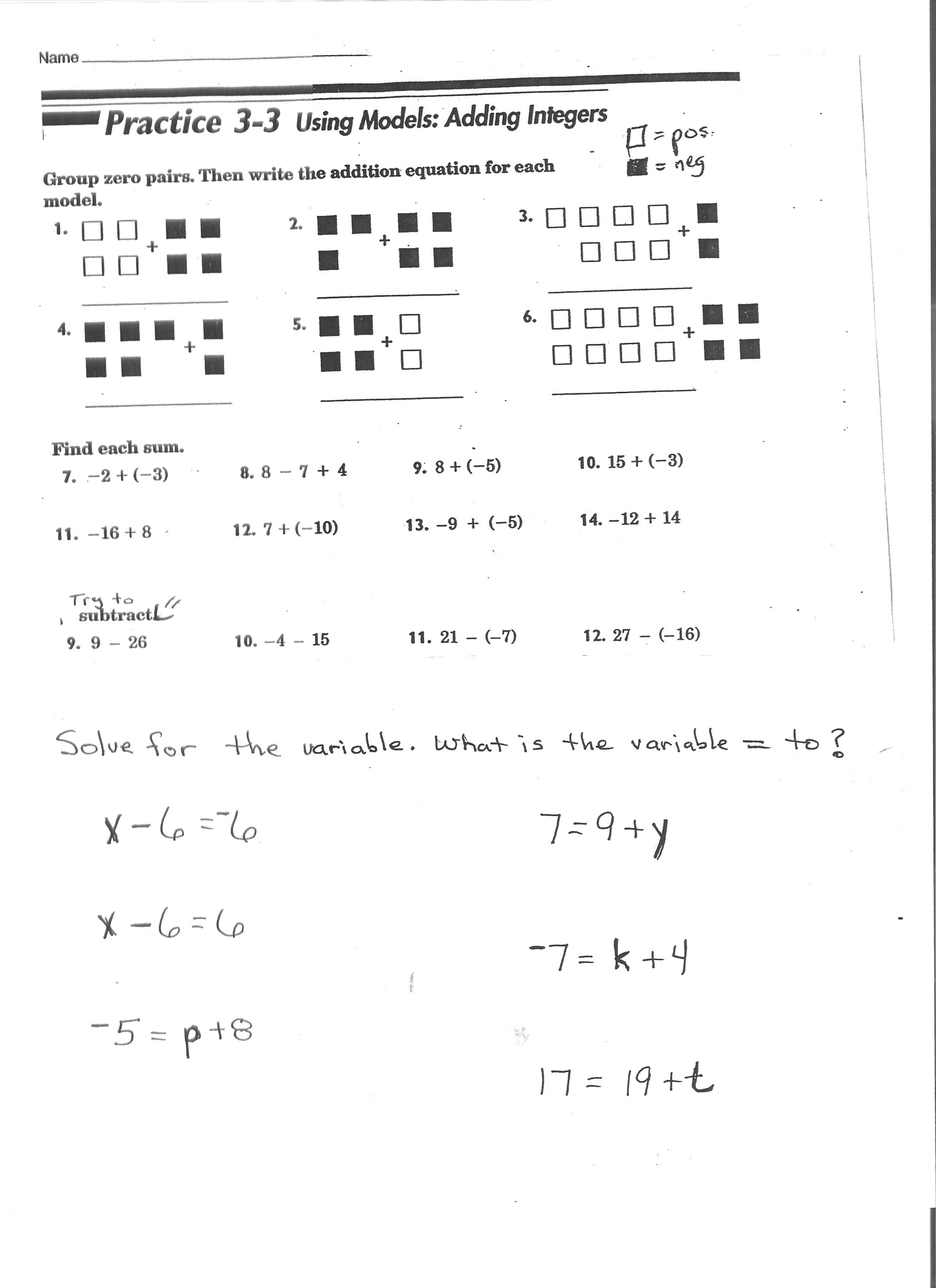 Adding And Subtracting Integers 7NS 1 Mrs Johnson 7th Grade Math WMS