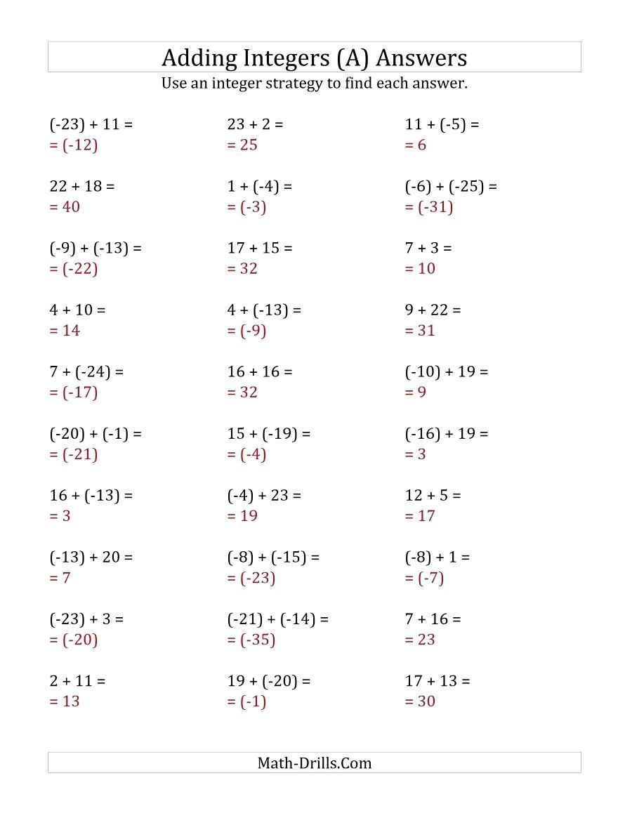 Adding And Subtracting Integers Integers Worksheet Math Fact 