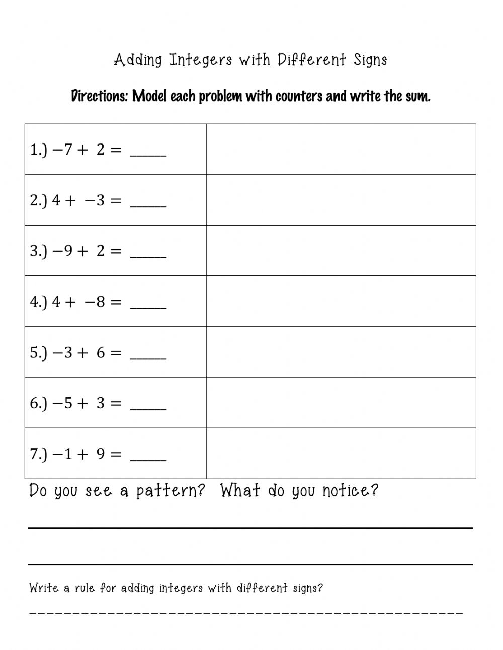 Adding And Subtracting Integers Interactive Worksheet