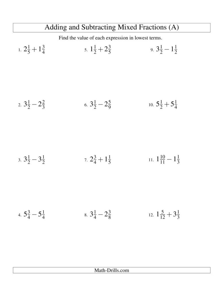 Adding And Subtracting Mixed Numbers With Regrouping Worksheet