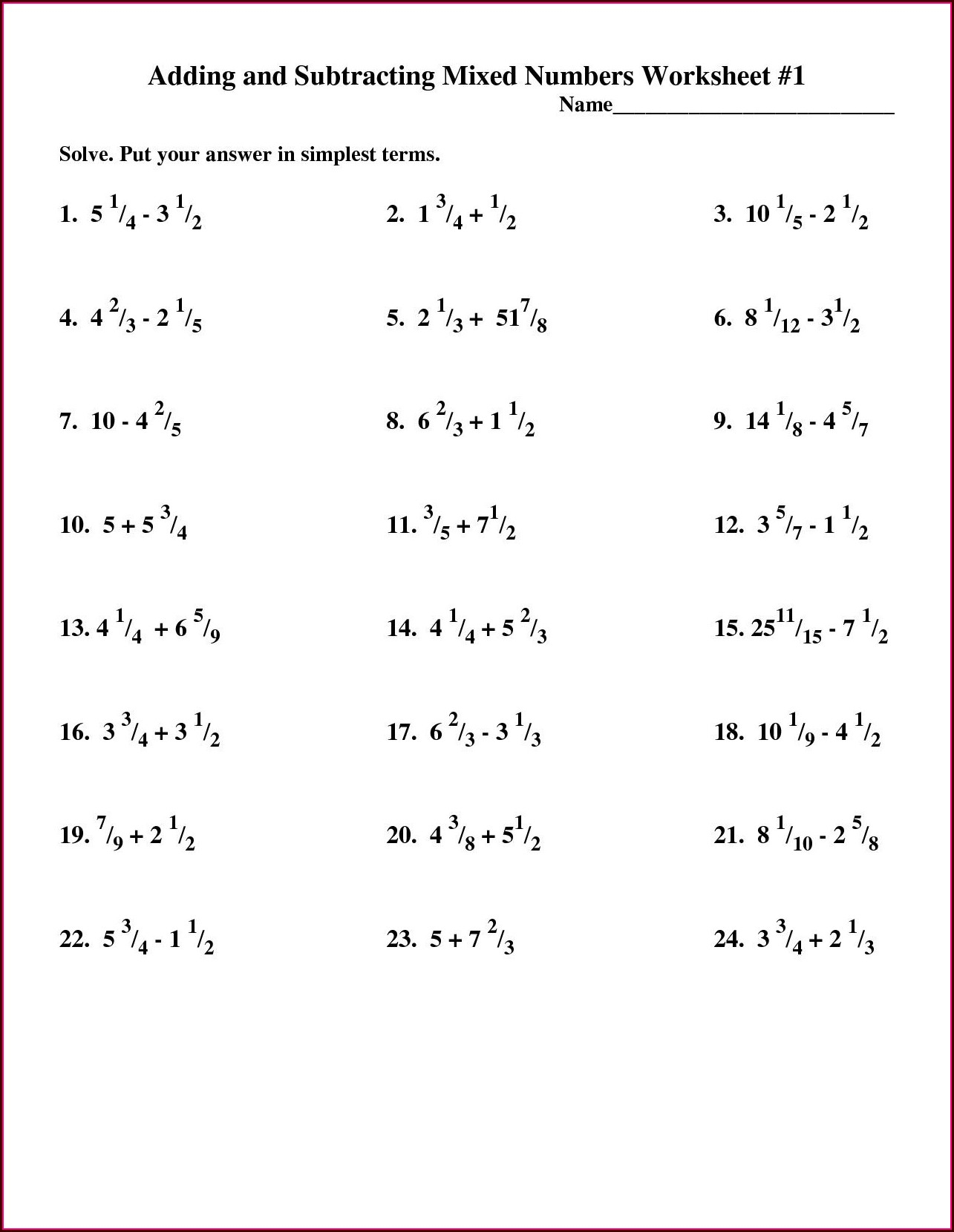 Adding And Subtracting Mixed Numbers Worksheet 5th Grade Worksheet 