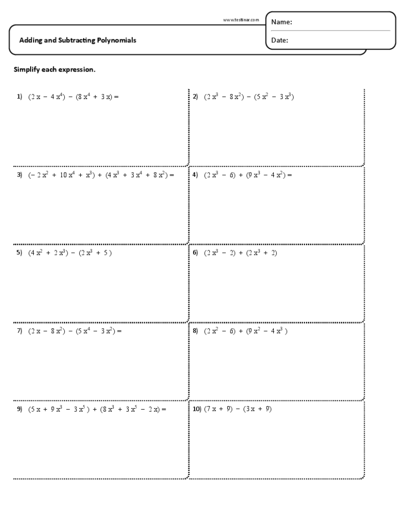 Adding And Subtracting Polynomials Worksheets