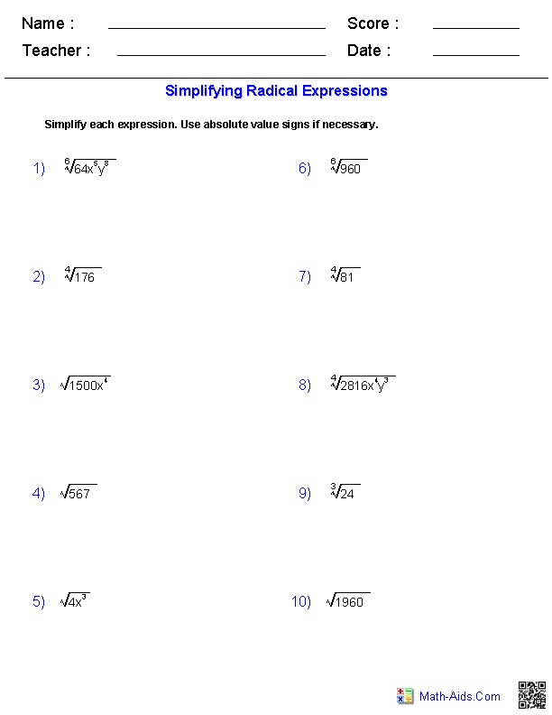 Adding And Subtracting Radicals Worksheet Answer Key Algebra 2 