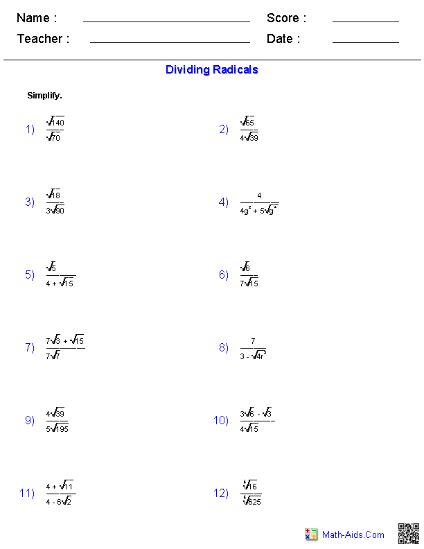 Adding And Subtracting Radicals Worksheet Answer Key Thekidsworksheet