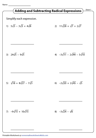 Adding And Subtracting Radicals Worksheet Math 10 And 11 Multiplying 