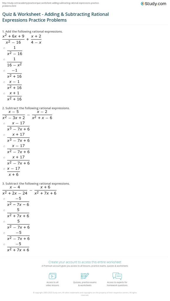 Adding And Subtracting Rational Expressions Worksheet Answer Key