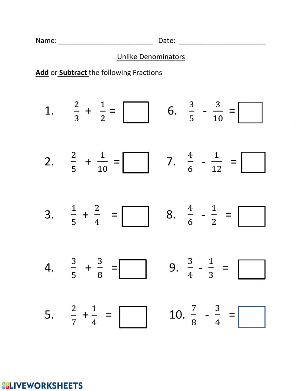 Adding And Subtracting Unlike Denominators Worksheet