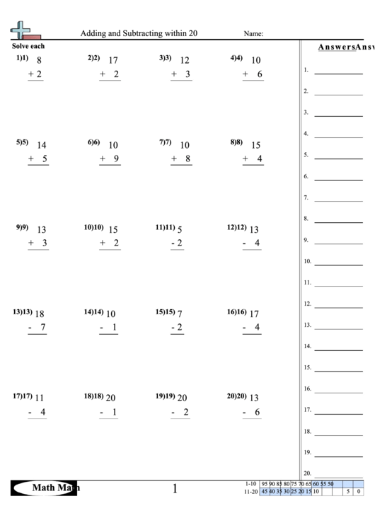 Adding And Subtracting Within 20 Worksheet Printable Pdf Download