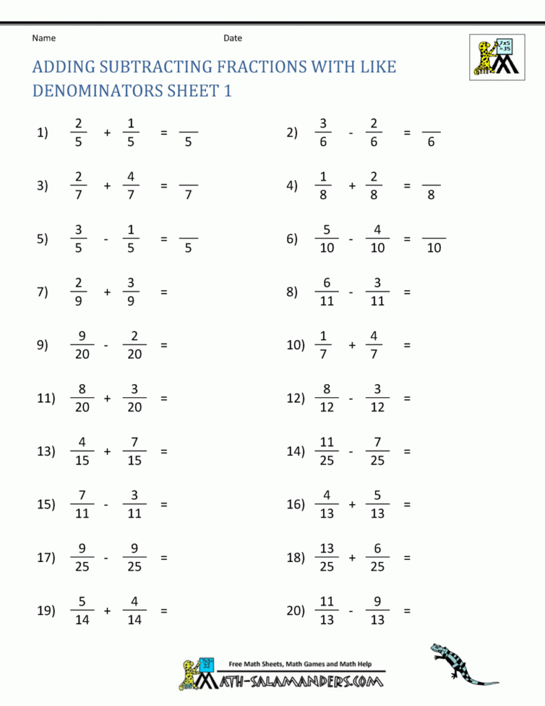 Adding Subtracting Fractions With Unlike Denominators Worksheet 