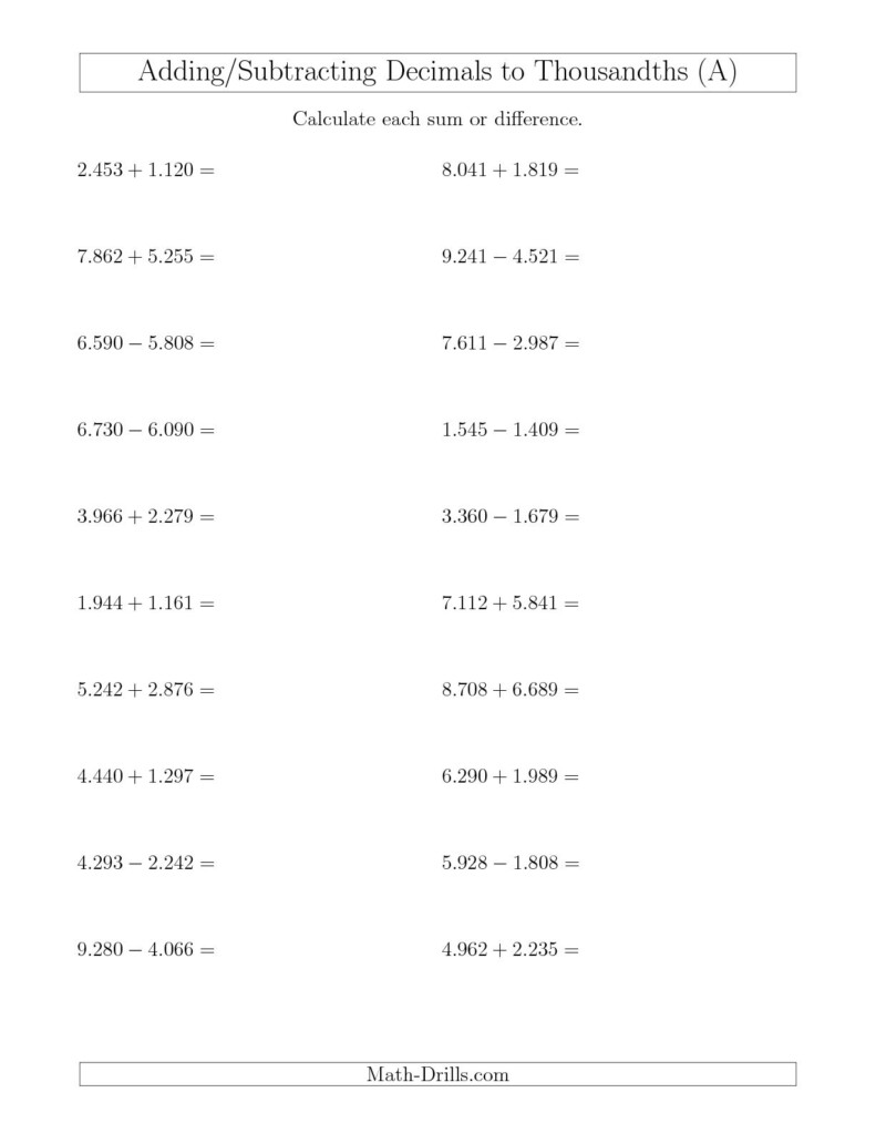 Adding Subtracting Multiplying And Dividing Decimals Worksheet Pdf