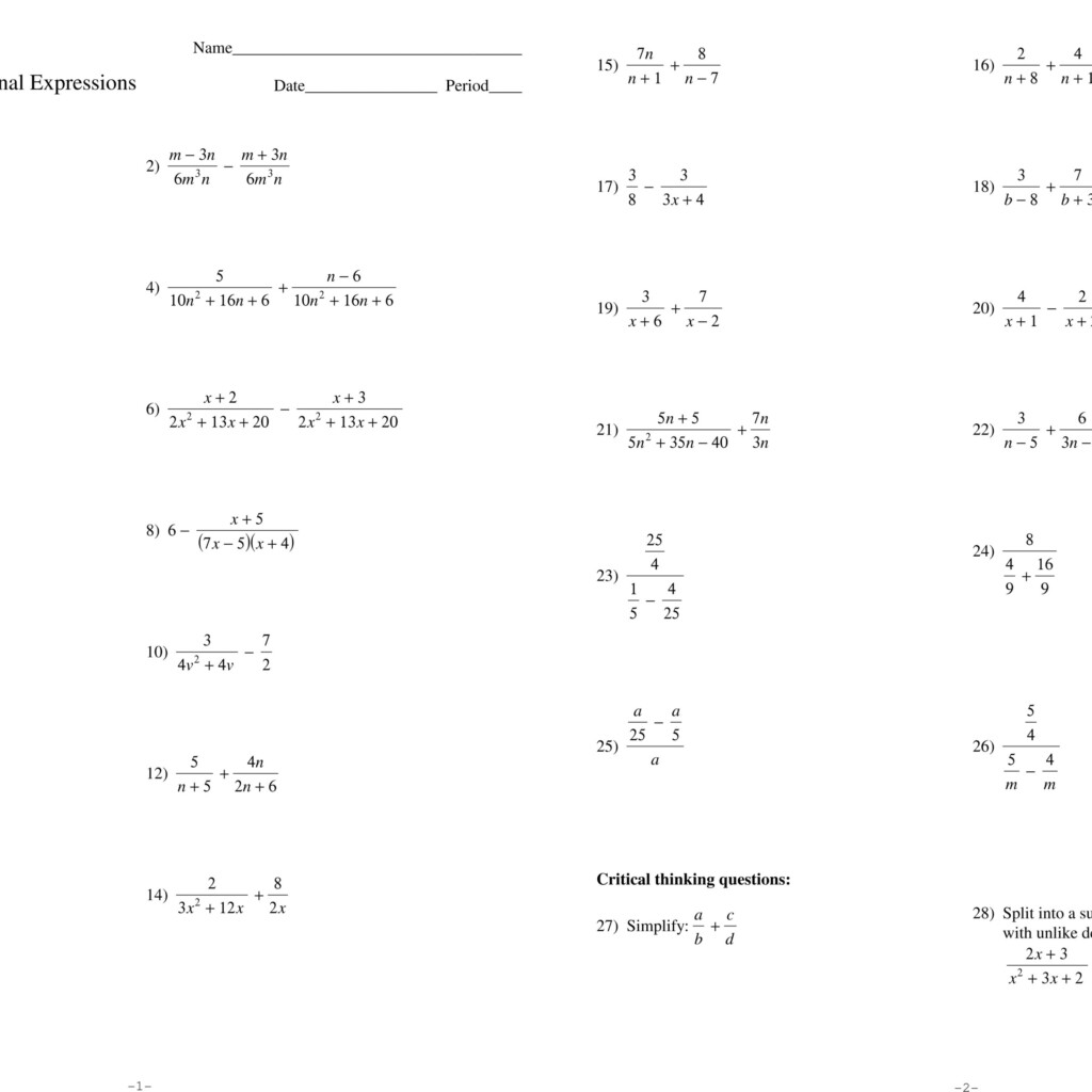 Adding Subtracting Multiplying And Dividing Radicals Worksheet 
