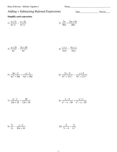 Adding Subtracting Rational Expressions pdf Kuta Software