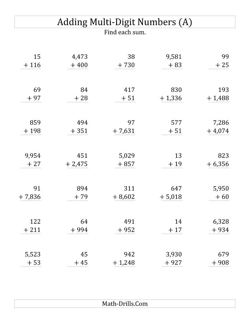 Adding Various Two Three And Four Digit Numbers All Addition 