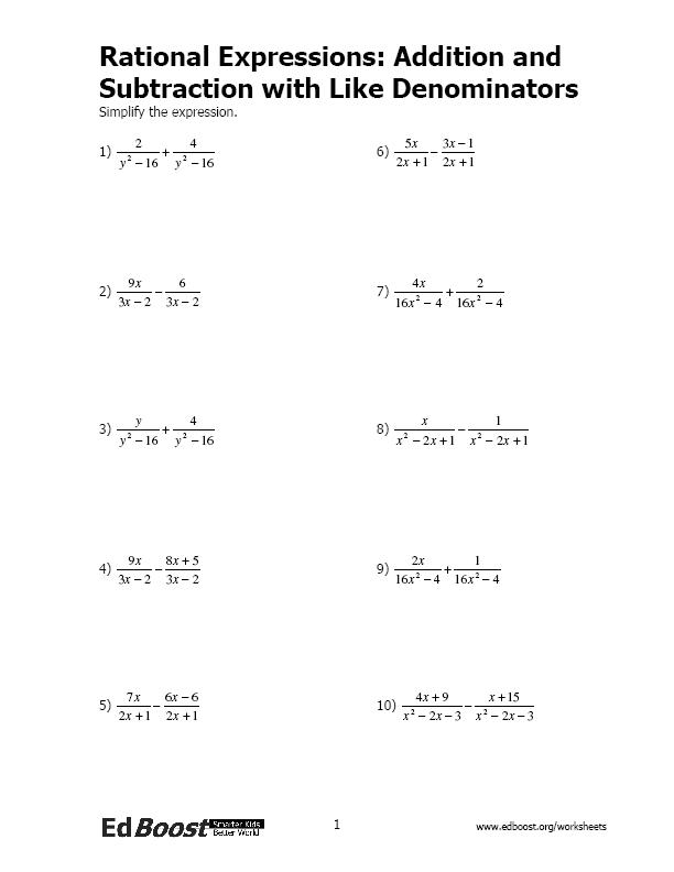 Addition And Subtraction Of Algebraic Fractions Worksheets Pdf