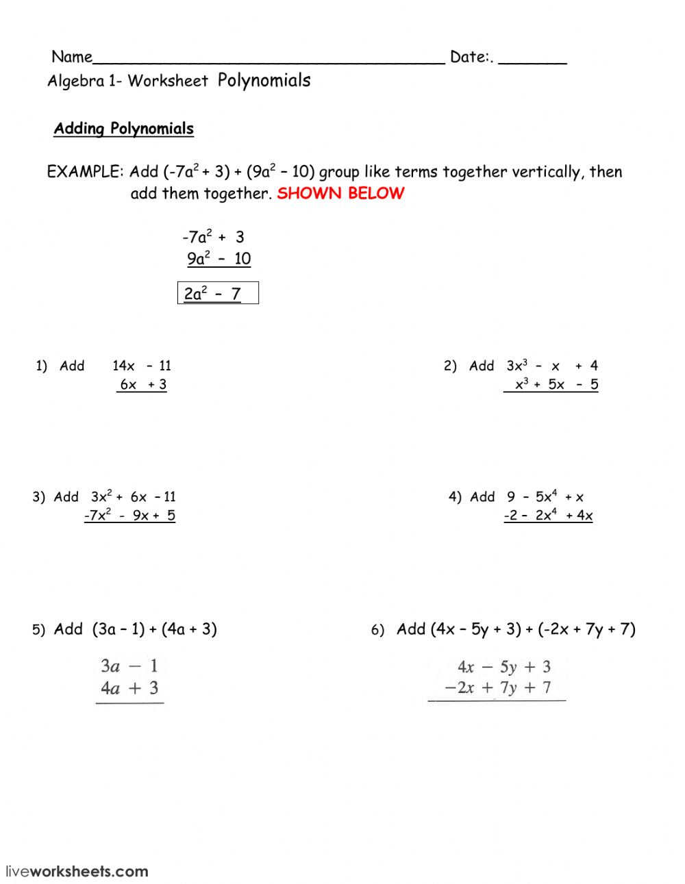 Addition And Subtraction Of Polynomials Worksheet For Grade 7 