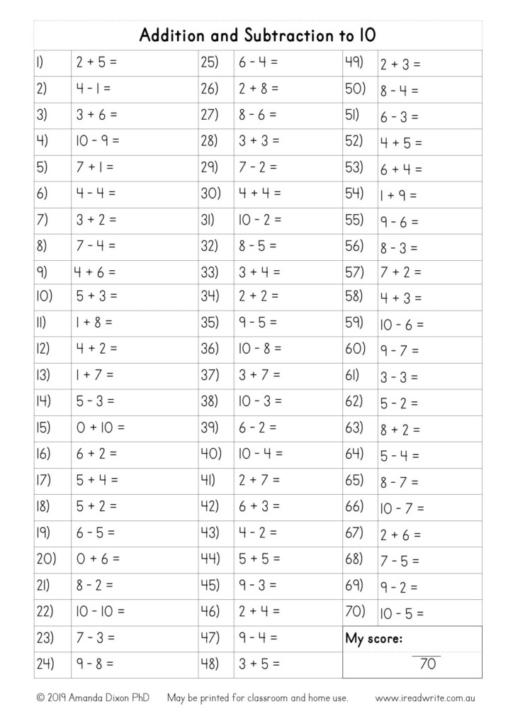 Addition And Subtraction To 10