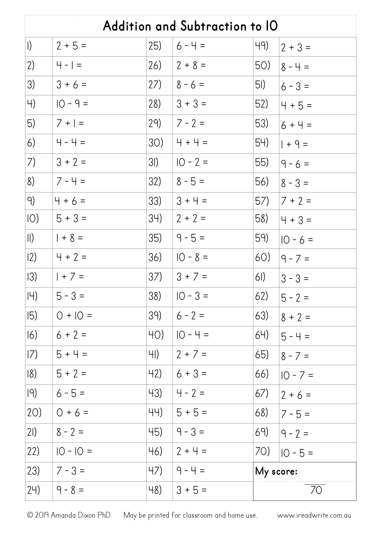 Addition And Subtraction To 10