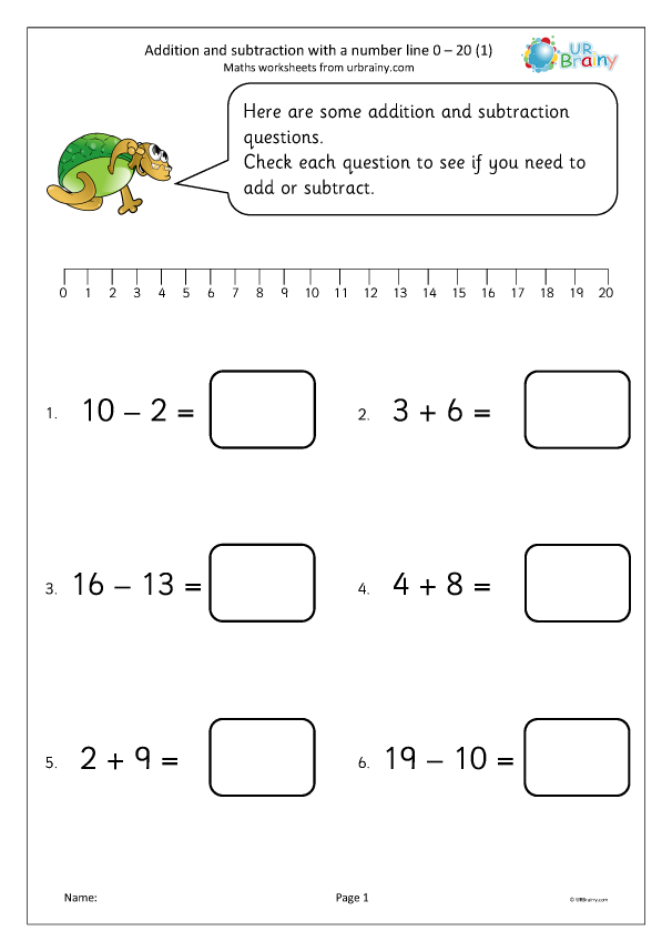 Addition And Subtraction With A Number Line 0 20 1 Subtraction In 