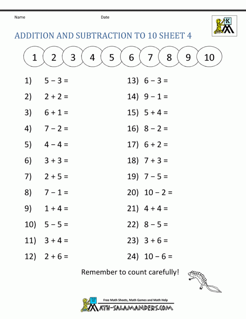 Addition And Subtraction Worksheets For Kindergarten