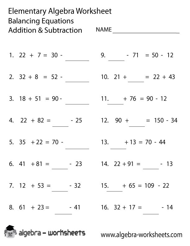 Addition Subtraction Elementary Algebra Worksheet Printable 