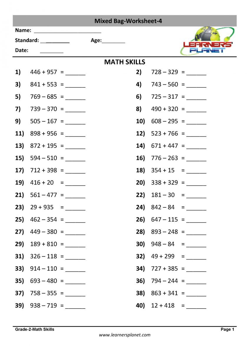 Addition Subtraction Multiplication Division Worksheets Times Tables 