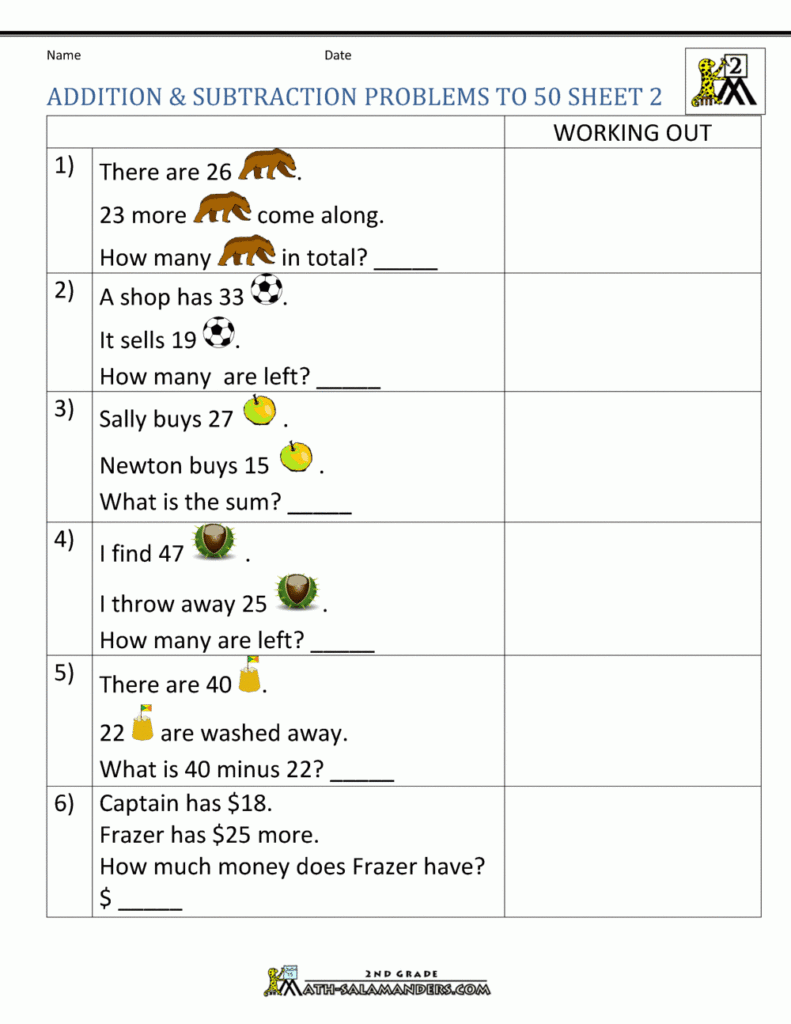 Addition Subtraction Word Problems 2nd Grade