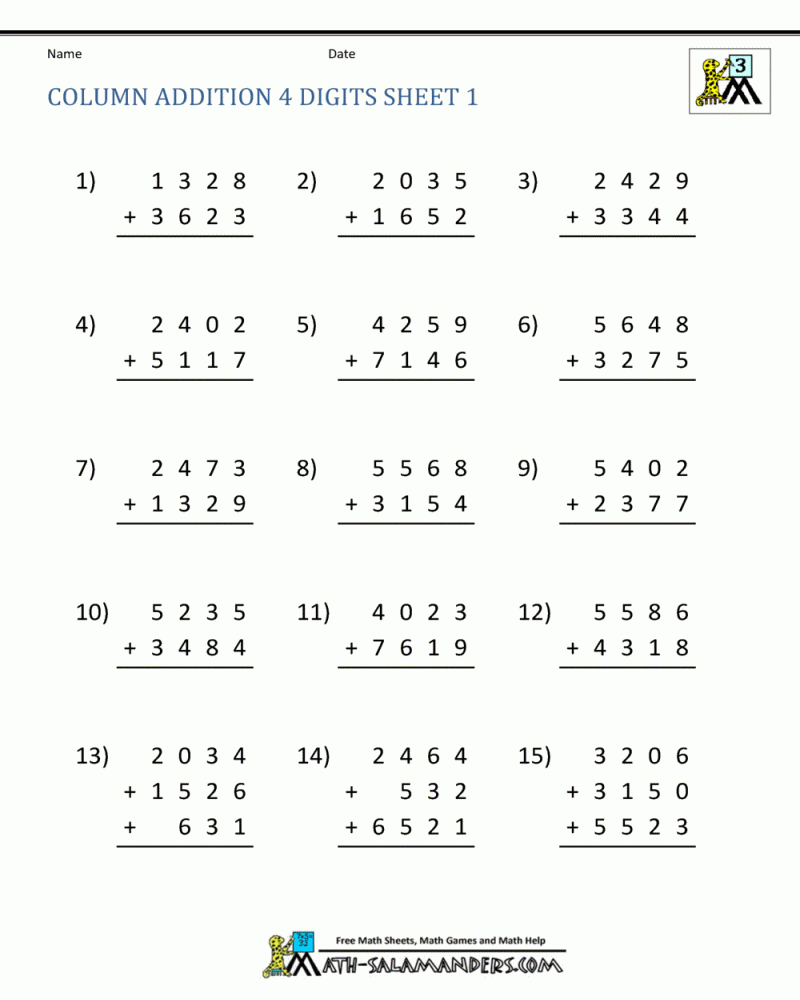 Addition Worksheet 4th Grade Math Worksheets Printable