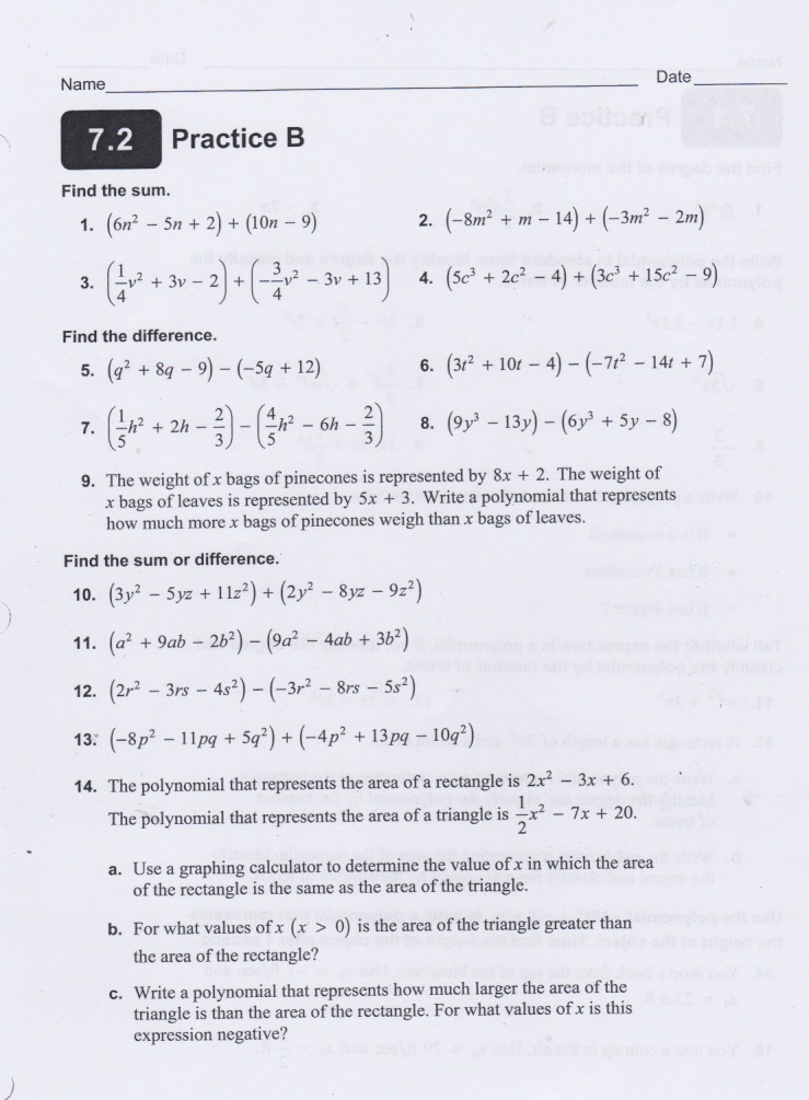 Algebra 1 10 1 Worksheet Adding And Subtracting Polynomials Answers Key 