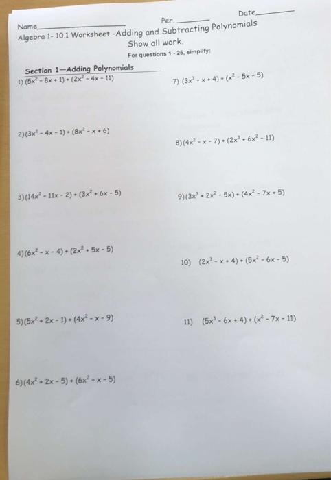 Algebra 1 10 1 Worksheet Adding And Subtracting Polynomials Answers Key